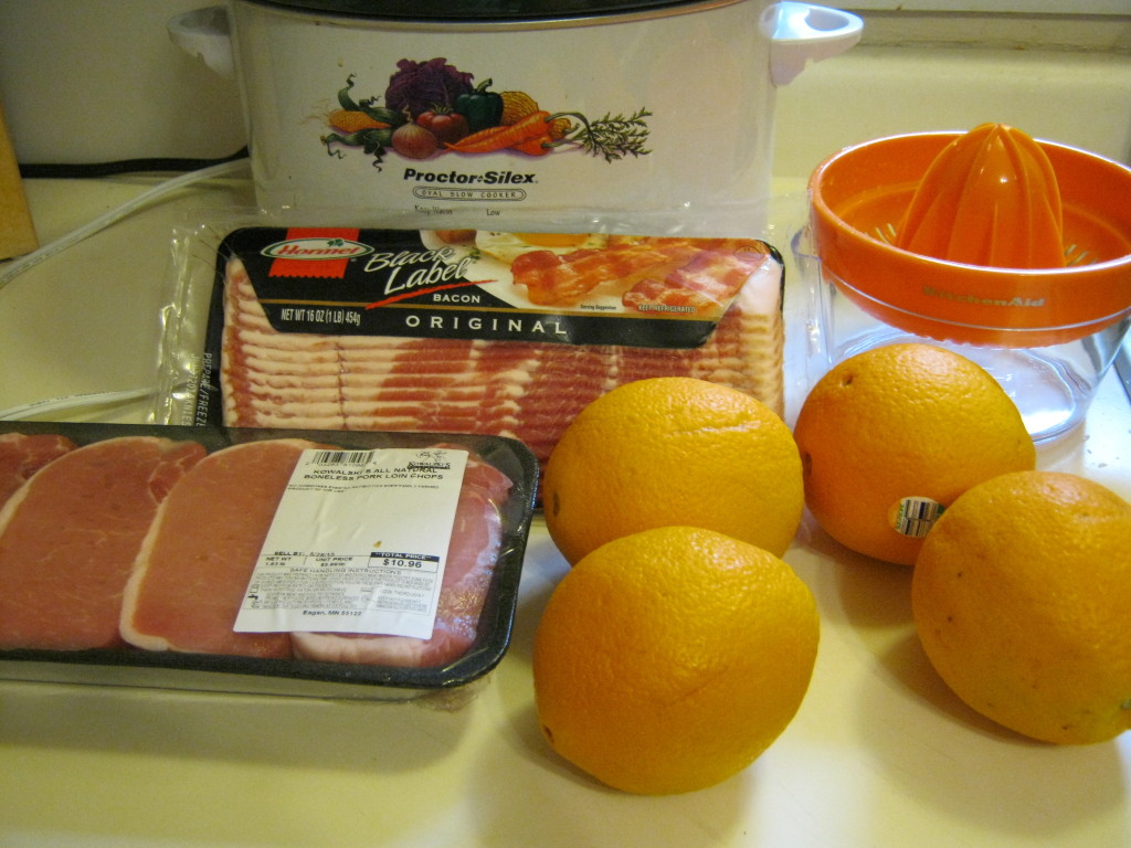 Bacon, pork chops, oranges, juicer, and Crock Pot